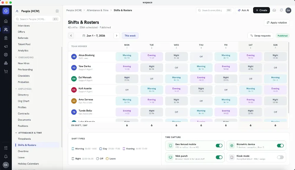 Shifts and rosters screen from the Caufero Business ERP Suite