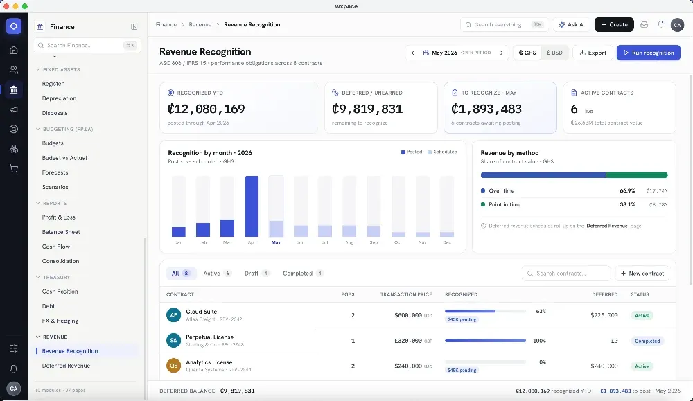 Revenue recognition screen from the Caufero Business ERP Suite