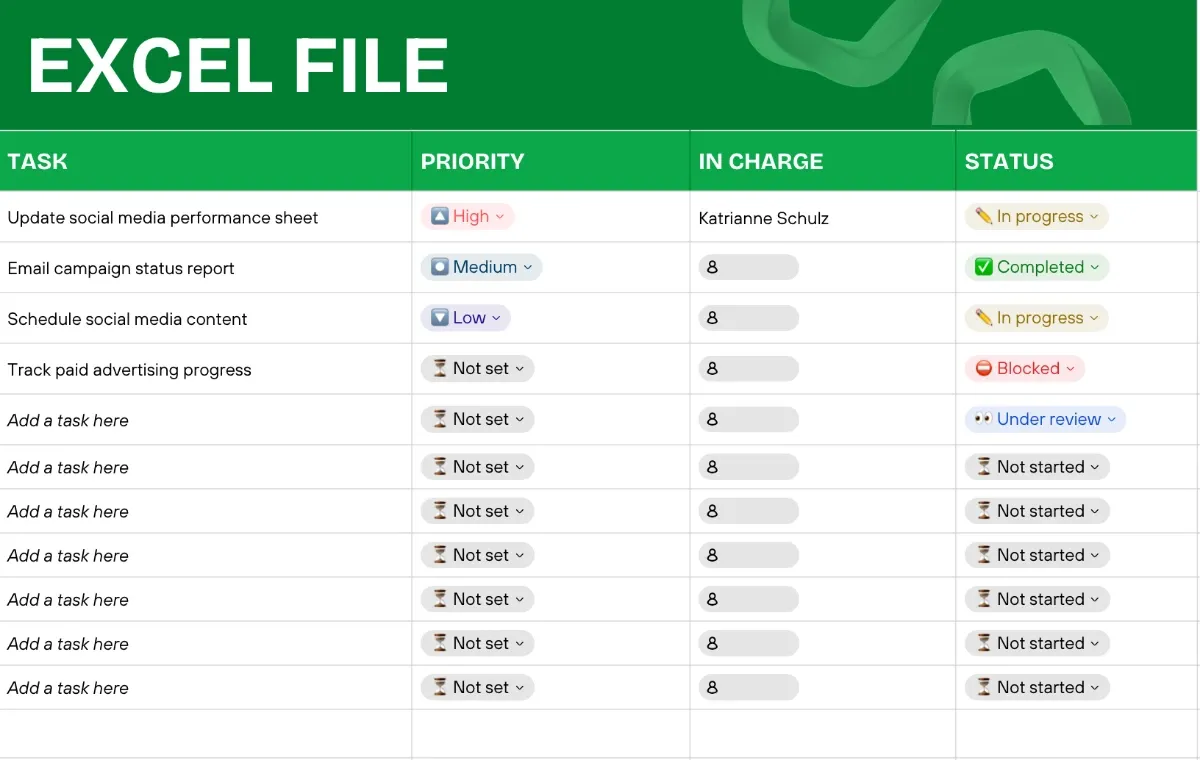 A task list kept in an Excel file